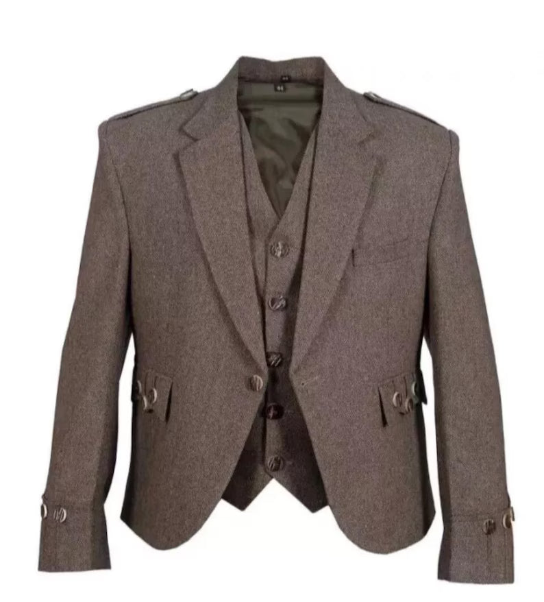 Scottish Men’s Brown Tweed Wool Argyle Kilt Jacket With Vest