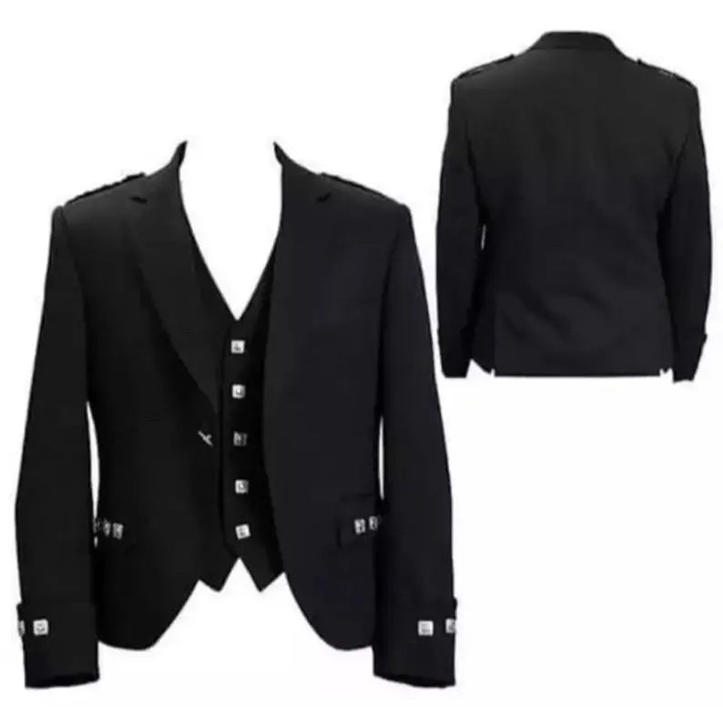 Scottish Men’s Black Argyle Kilt Jacket & Vest Wool Wedding Jacket