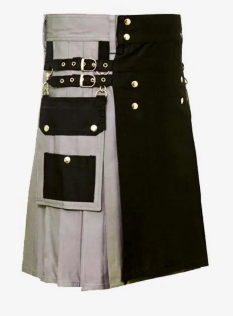 Scottish Custom Gray Utility Kilt With Aporn For Men’s