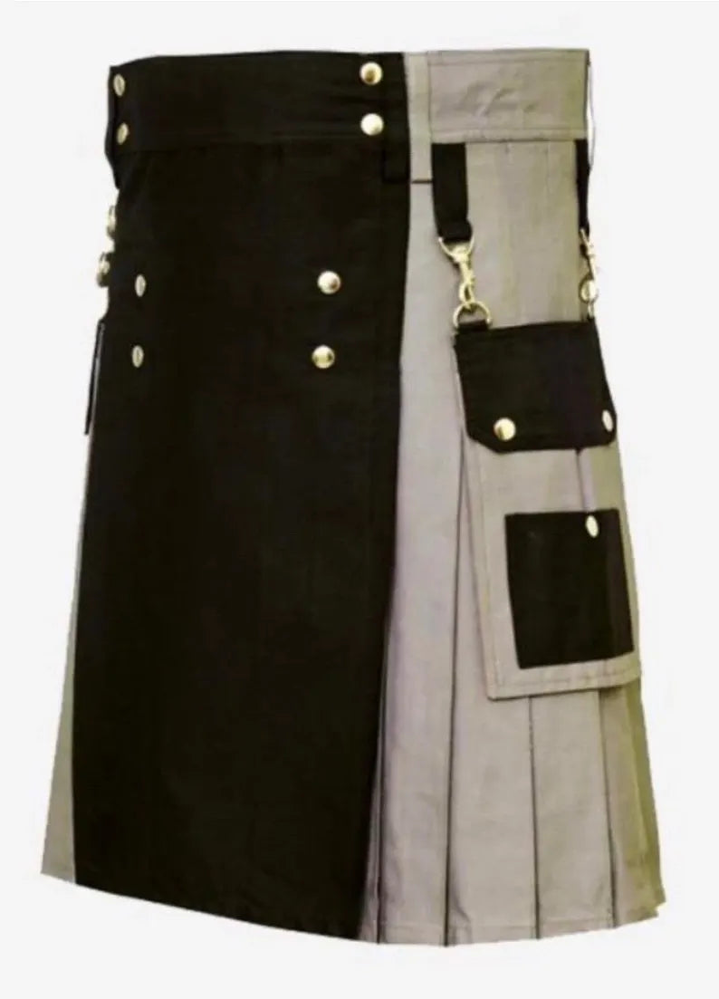 Scottish Custom Gray Utility Kilt With Aporn For Men’s