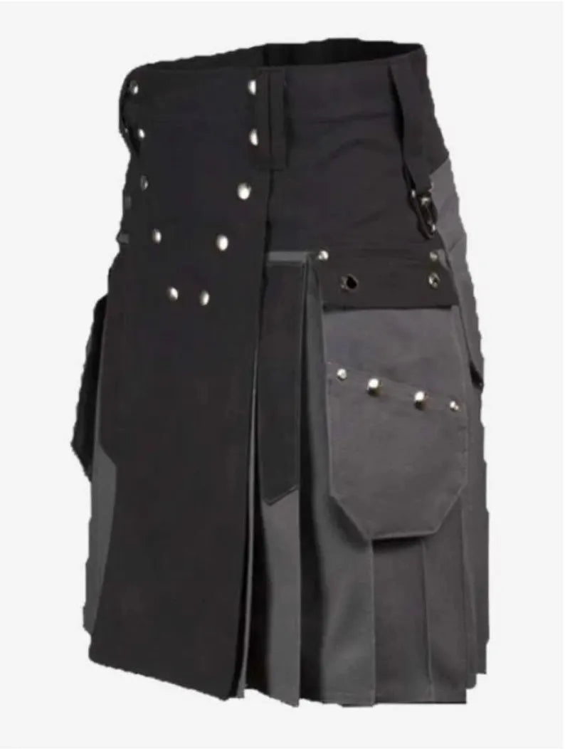 Scottish Grey & Black Cotton Utility Kilt For Men’s