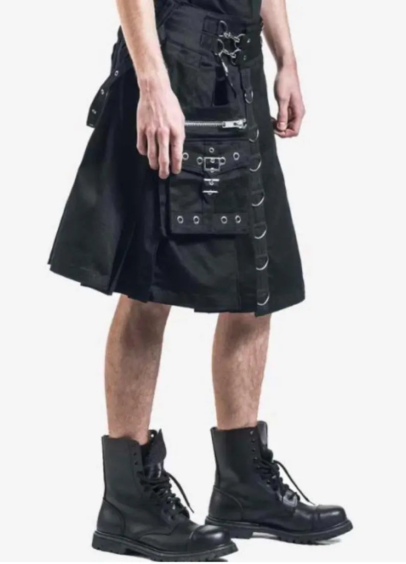 Scottish Calle Black Grunge Gothic Utility Kilt For Men’s