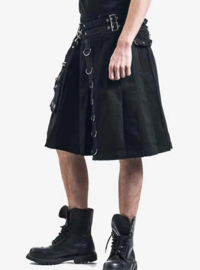 Scottish Calle Black Grunge Gothic Utility Kilt For Men’s