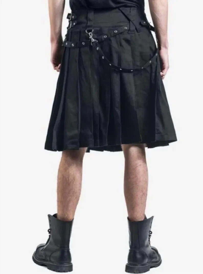 Scottish Calle Black Grunge Gothic Utility Kilt For Men’s