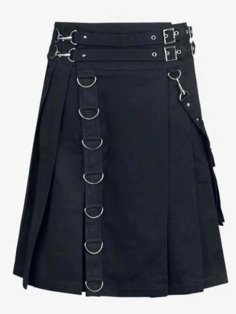 Scottish Calle Black Grunge Gothic Utility Kilt For Men’s