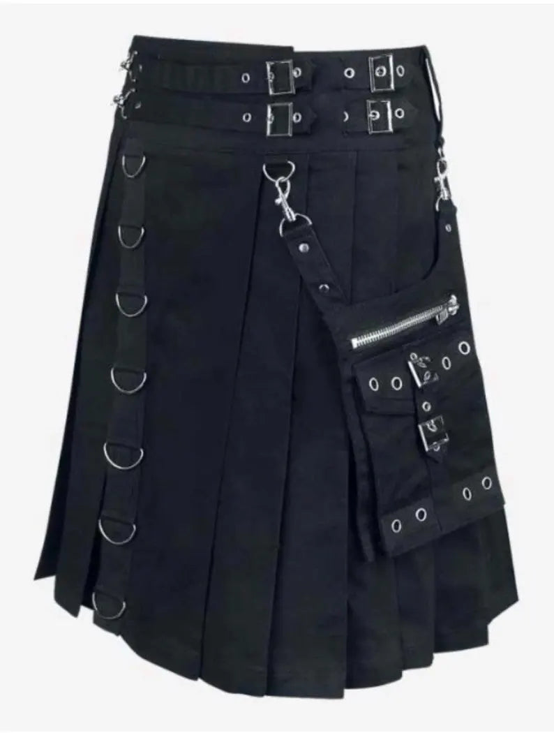 Scottish Calle Black Grunge Gothic Utility Kilt For Men’s