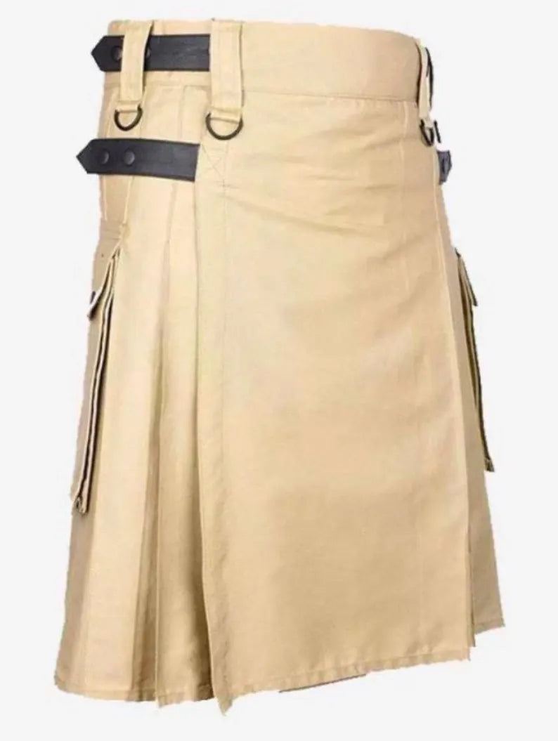 Khaki Utility Kilt: Scottish Style Cotton Kilt for Men