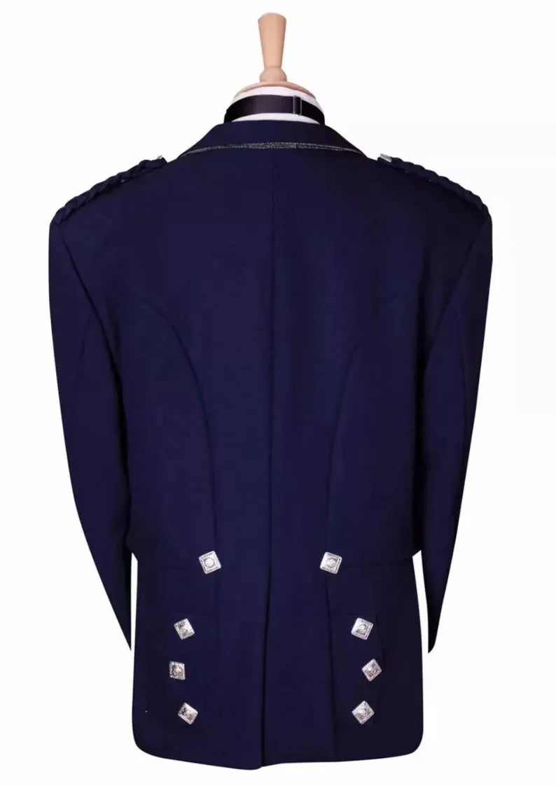 Scottish Men’s Navy Blue Prince Charlie Jacket With WaistCoat Wedding Kilt Jacket