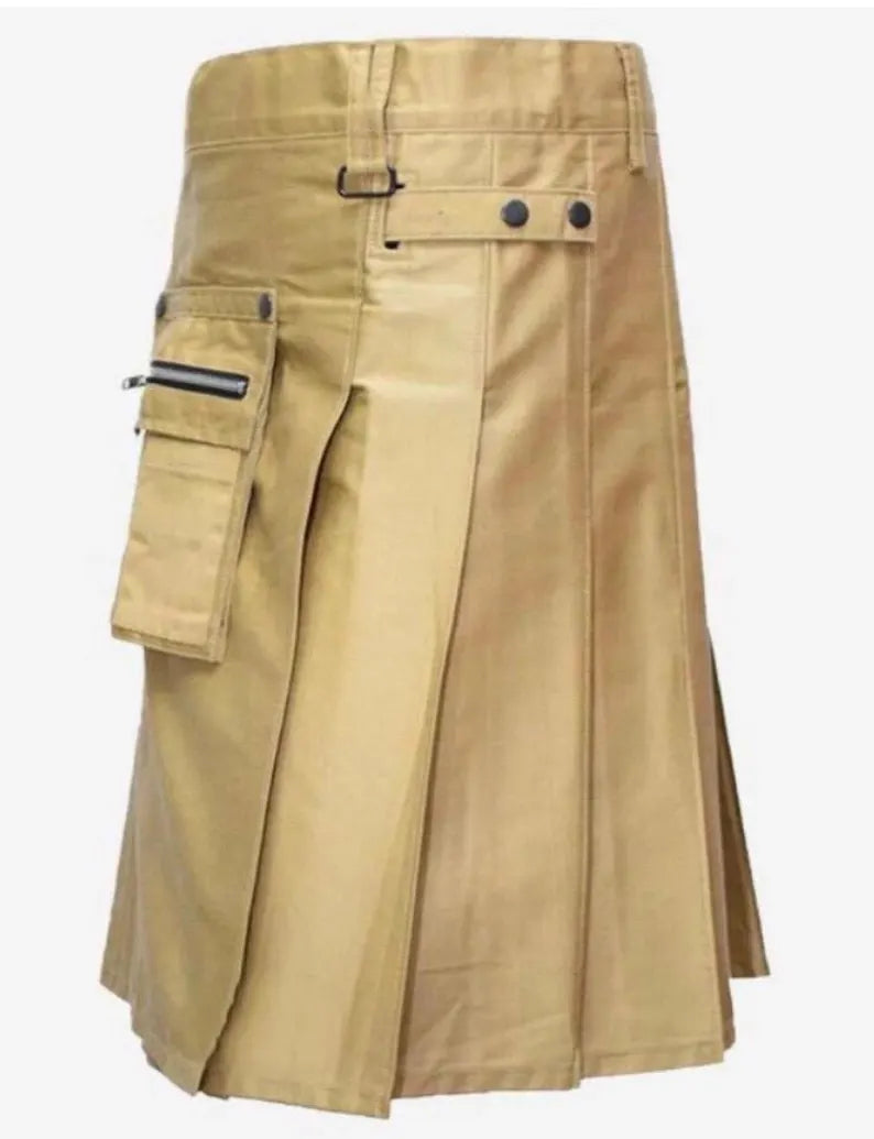 Scottish Khaki Outfit Kilt With Front Pocket For Men’s
