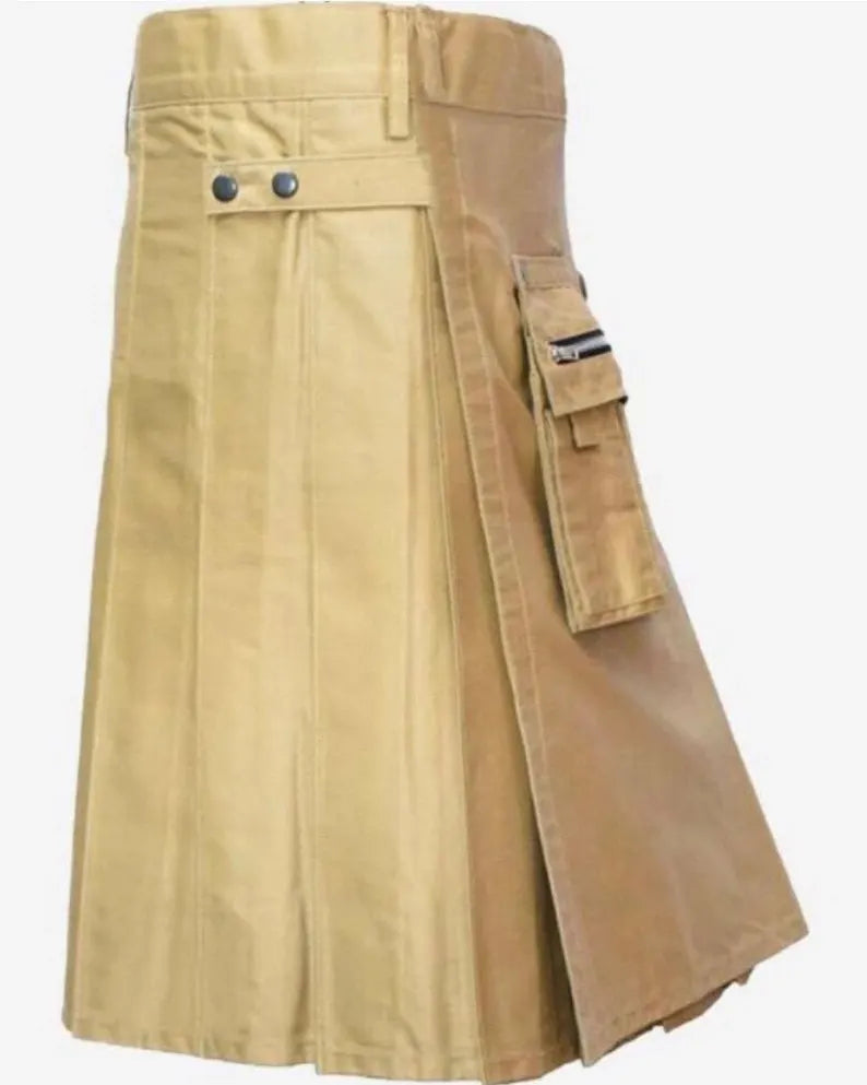 Scottish Khaki Outfit Kilt With Front Pocket For Men’s