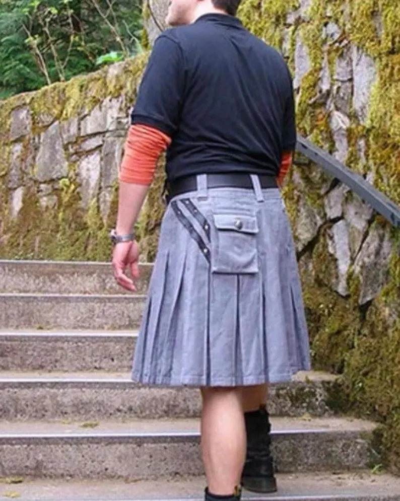 Scottish Gray Utility Kilt With Black Aporn For Men’s