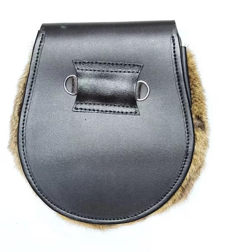 Real Brown Fox Für Kilt Sporran Leather Body With Chain & Belt strap