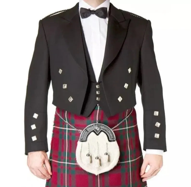 Scottish Men’s Black Argyle Wool Kilt Jacket Vest Waistcoat For Weeding