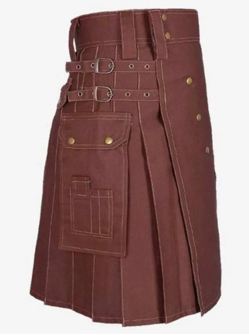 Scottish Brown Cotton Utility Kilt For Men