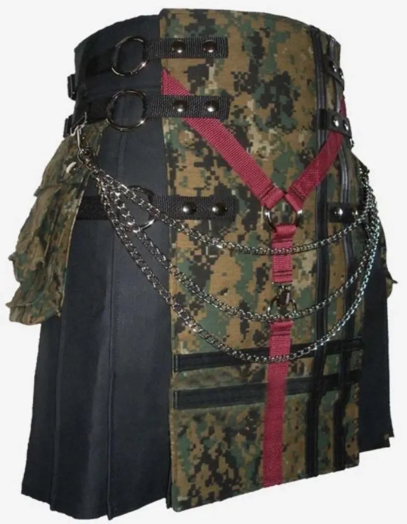Scottish Canvas Digital Camouflage Design Kilt With Chains For Men’s