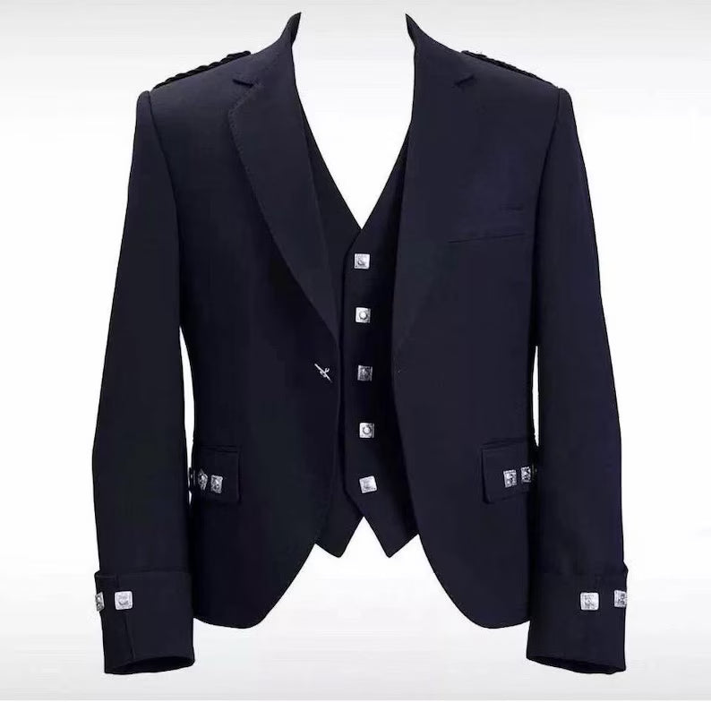Scottish Black Argyle Kilt With Wool Vest waist coat Jacket For Wedding