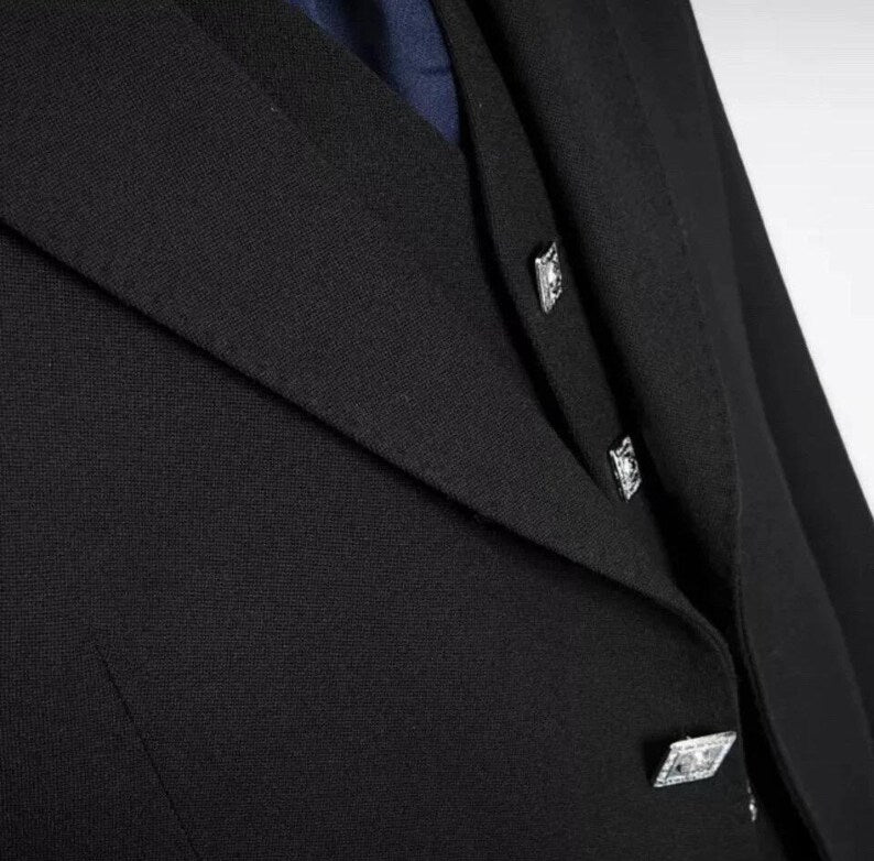Scottish Black Argyle Kilt With Wool Vest waist coat Jacket For Wedding