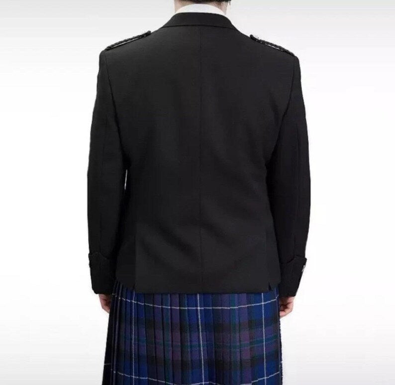 Scottish Black Argyle Kilt With Wool Vest waist coat Jacket For Wedding