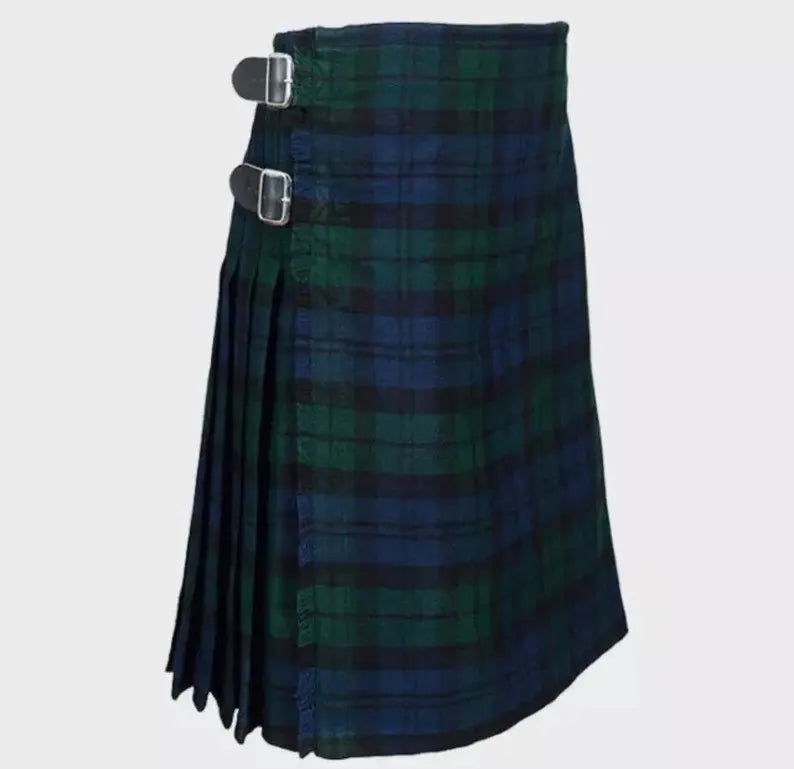Handmade Black Watch Tartan Kilt Outfit: 8 Yard, Sporran, Belt & Flashes