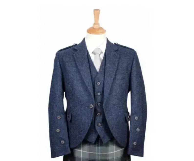 Scottish Men’s Blue Serge Wool Kilt Jacket With Vest