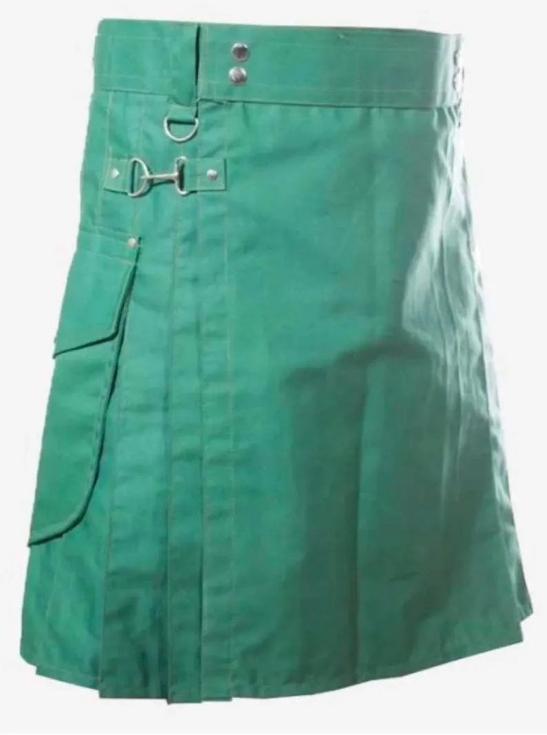Scottish Green Utility Kilt With Cargo Pocket For Men’s
