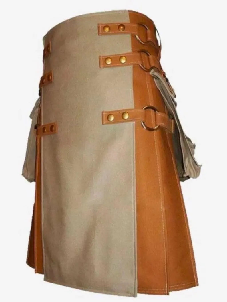 Scottish Khaki Canvas Fashion Utility Kilt For Men’s