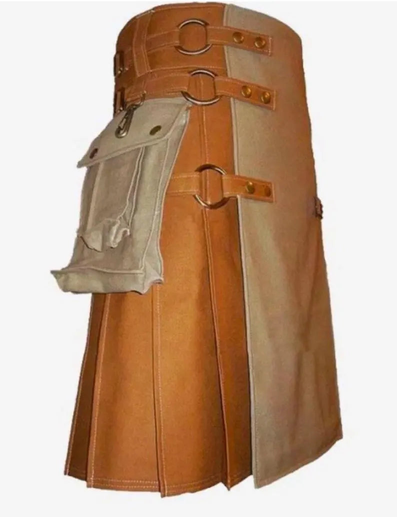 Scottish Khaki Canvas Fashion Utility Kilt For Men’s