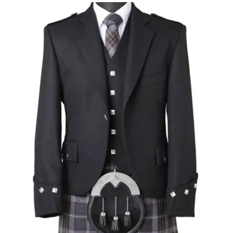 Scottish Men’s Black Argyle Kilt Jacket With Vest
