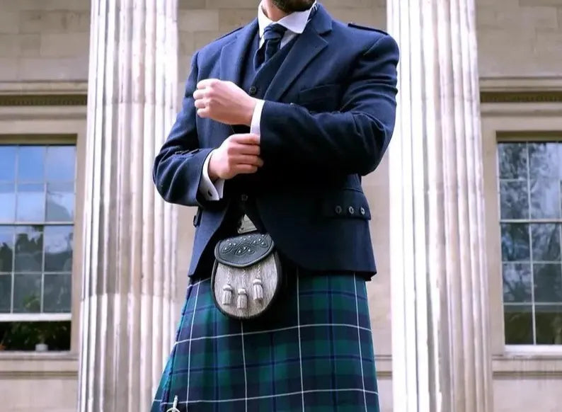 Scottish Men’s Navy Blue Wool Argyle Kilt Jacket With Vest