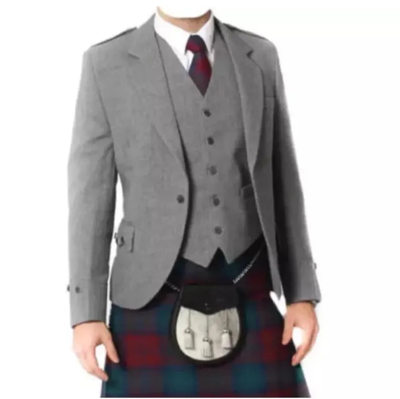 Scottish Men’s Grey Blazer Wool Argyle Kilt Jacket With Vest