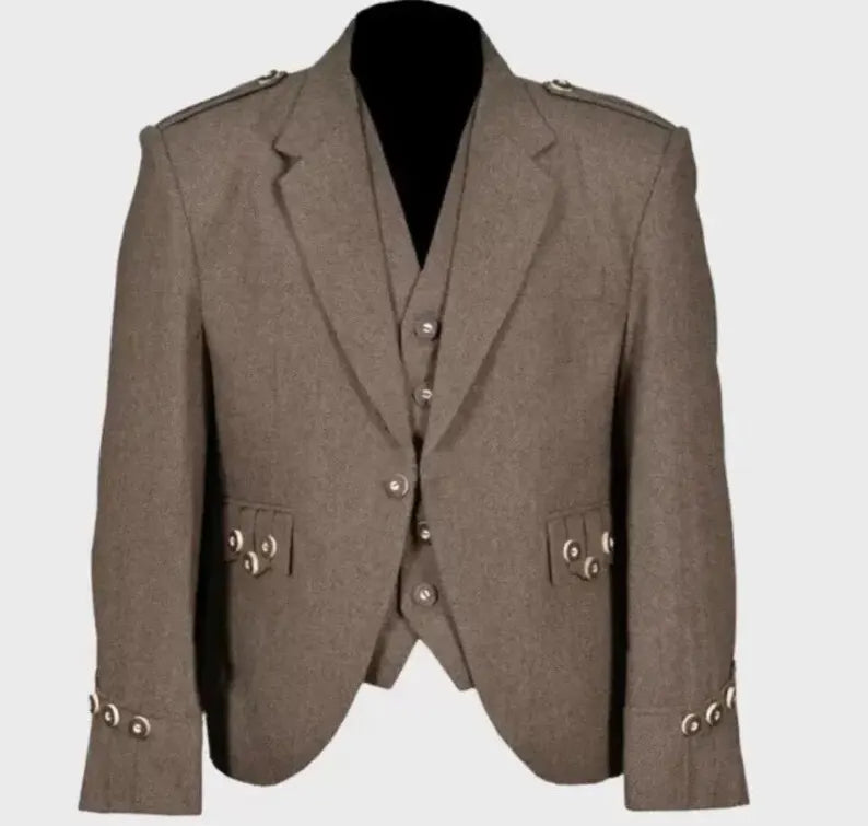 Scottish Men’s Argyle Brown Colour Coat With Vest Wedding Kilt Jacket