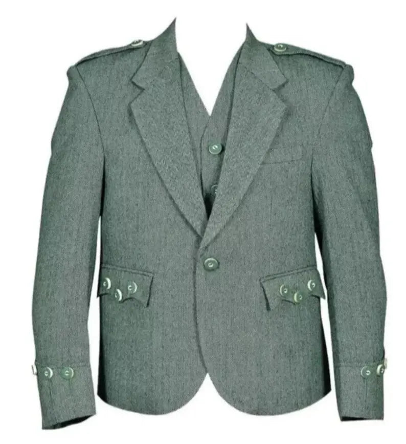 Scottish Men’s Lovat Green Tweed Argyle Kilt With Wool Vest Jacket