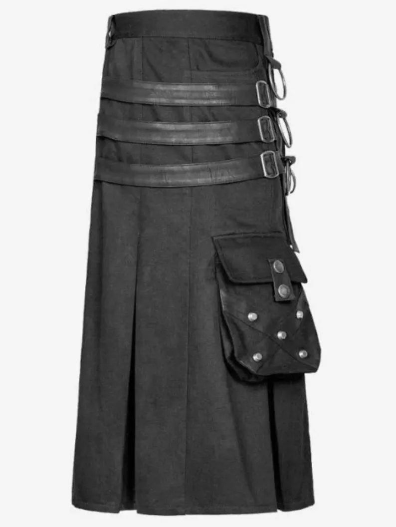 Scottish Black Cotton Handmade Punk Rave Utility Kilt For Men’s