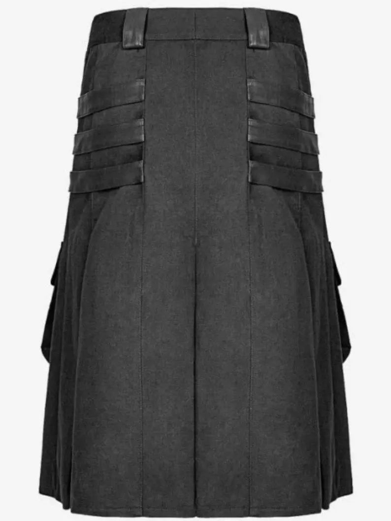 Scottish Black Cotton Handmade Punk Rave Utility Kilt For Men’s