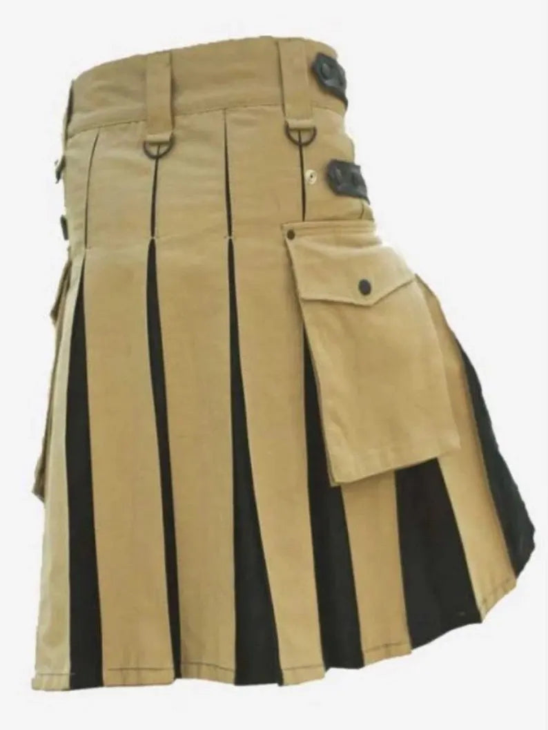 Scottish Beige & Black Cotton Utility Kilt For Men’s