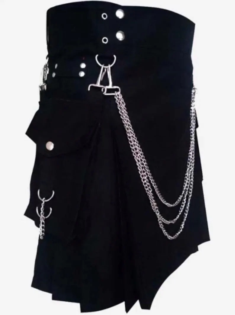Scottish Black Cotton Handmade Kilt For Men’s With Edgy Chain Accents !