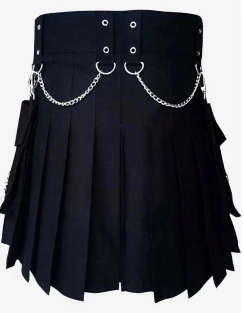 Scottish Black Cotton Handmade Kilt For Men’s With Edgy Chain Accents !