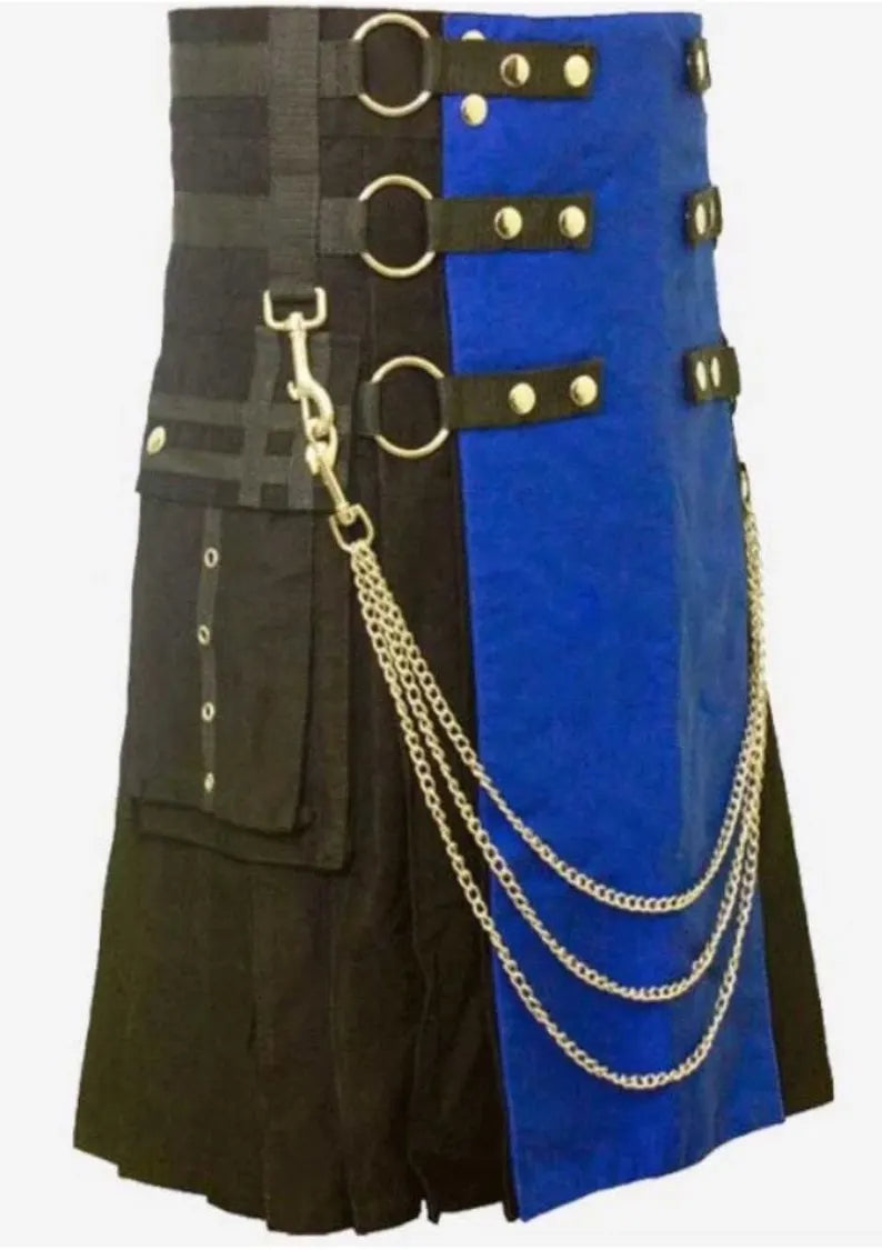 Scottish Black & Blue Modern Utility Kilt For Men’s