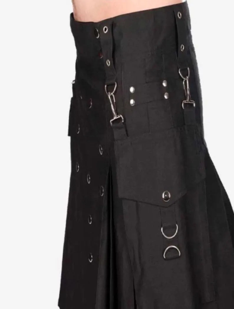 Scottish Men’s Balck Handmade Gothic Utility Kilt