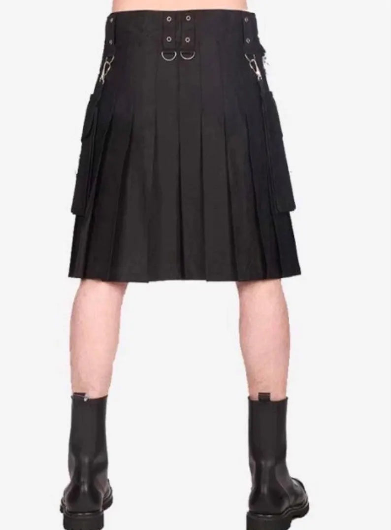 Scottish Men’s Balck Handmade Gothic Utility Kilt