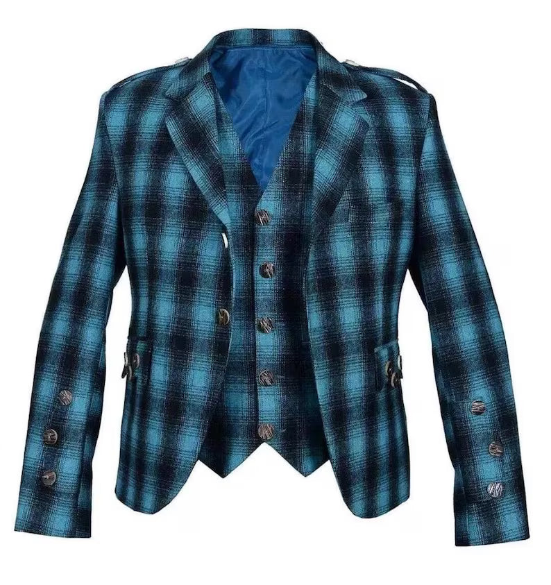 Scottish Men’s Argyle Tweed Blue Colour Coat With Vest Wedding Jacket