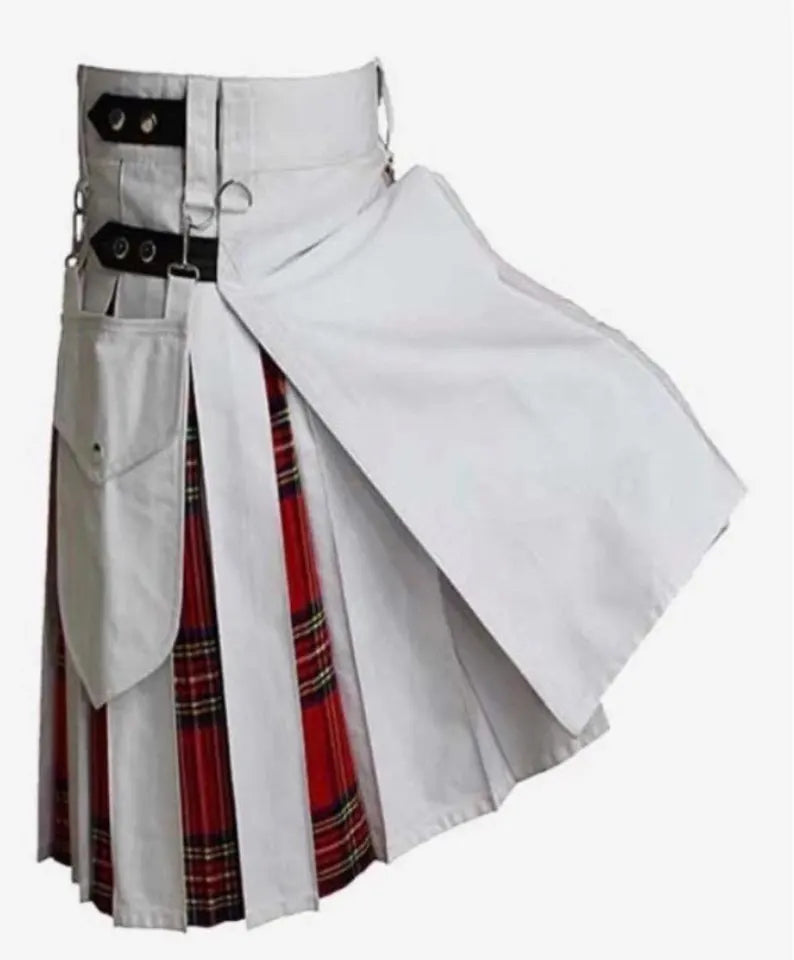 Scottish White Kilt With Tartan Pleats For Men’s
