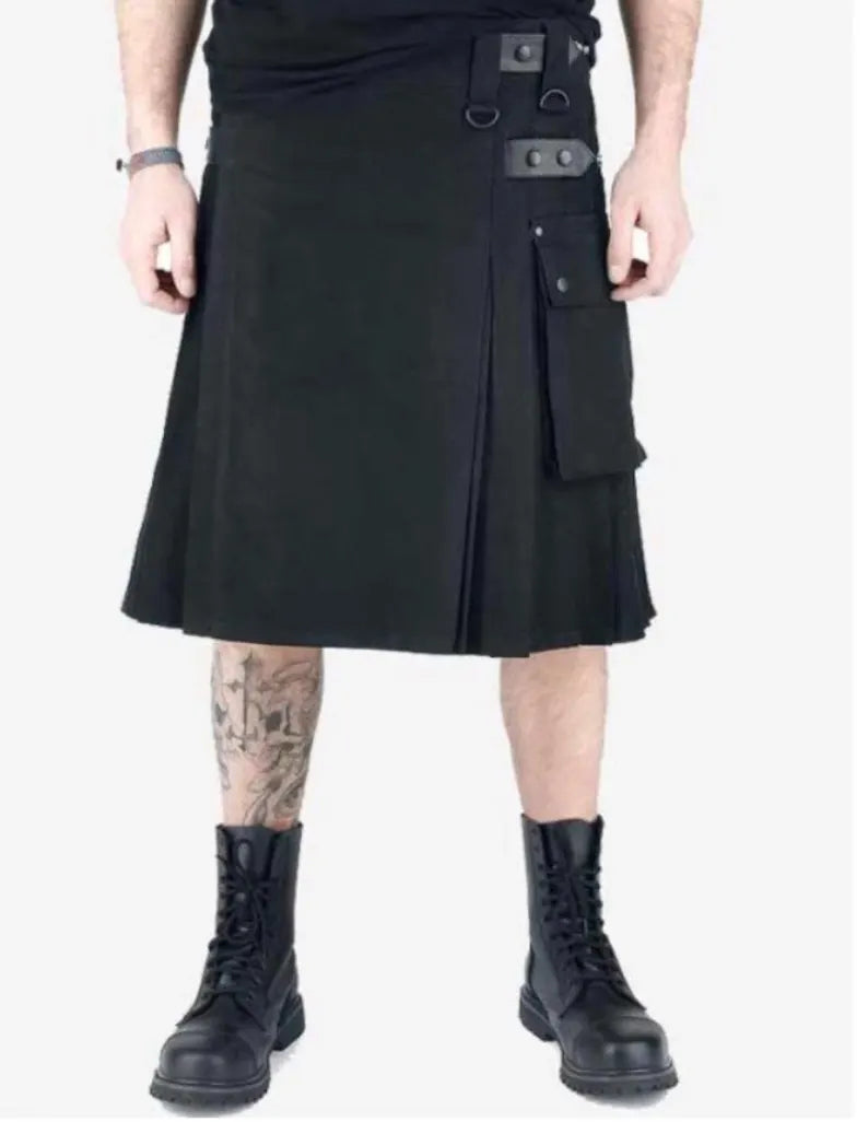Scottish Black HandMade Utility Kilt With Cargo Pockets For Men’s
