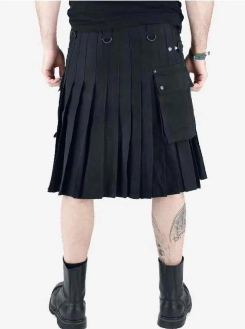 Scottish Black HandMade Utility Kilt With Cargo Pockets For Men’s