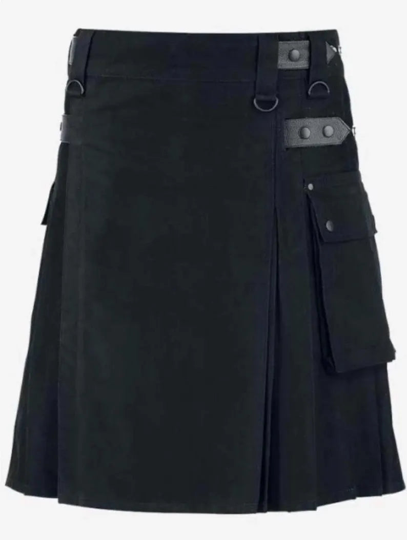Scottish Black HandMade Utility Kilt With Cargo Pockets For Men’s