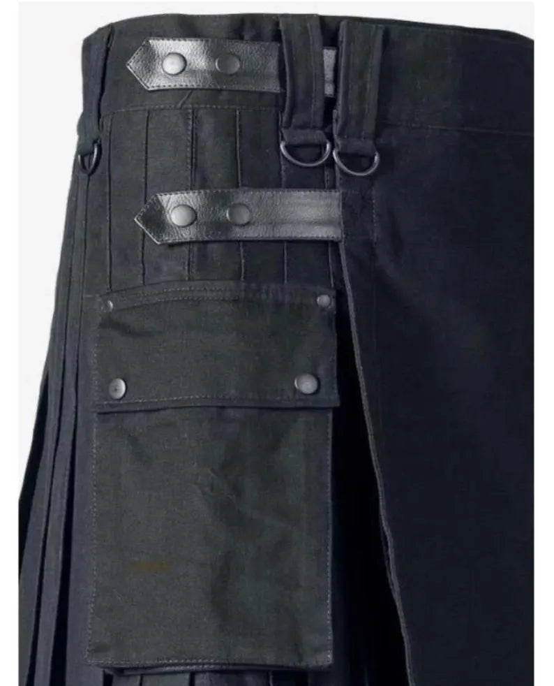 Scottish Black HandMade Utility Kilt With Cargo Pockets For Men’s