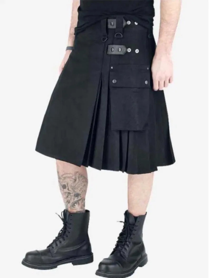 Scottish Black HandMade Utility Kilt With Cargo Pockets For Men’s