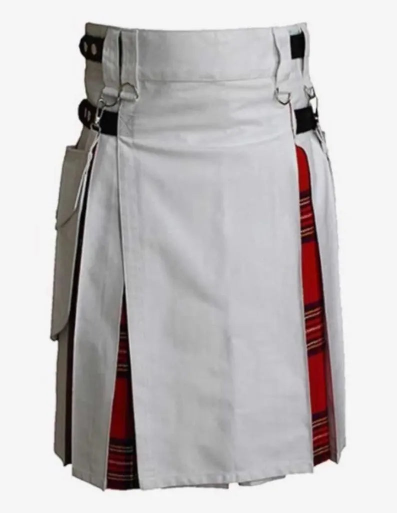 Scottish White Kilt With Tartan Pleats For Men’s