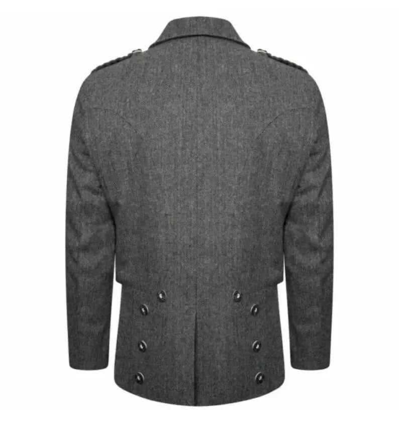 Scottish Men’s Gray Prince Charlie Tweed Jacket With WaistCoat Wedding Kilt Jacket