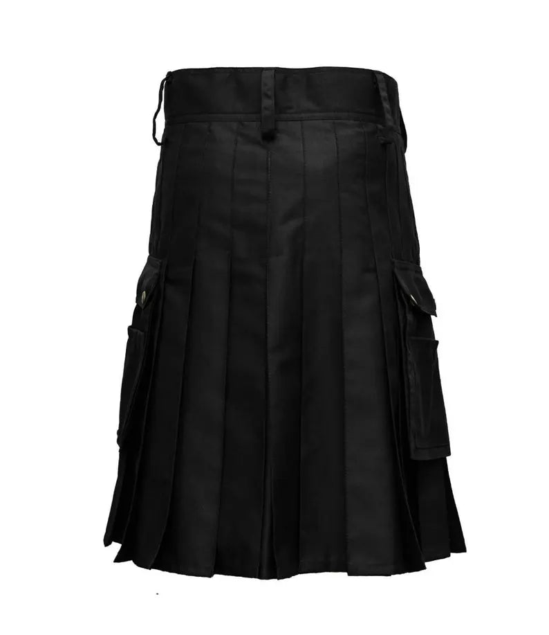 Scottish Men’s Utility Kilt With Cargo Pockets HandMade Cotton Black Tartan !